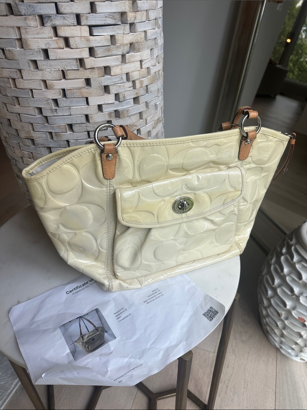 Coach Butter Yellow Patent Leather Tote with Signature Pattern